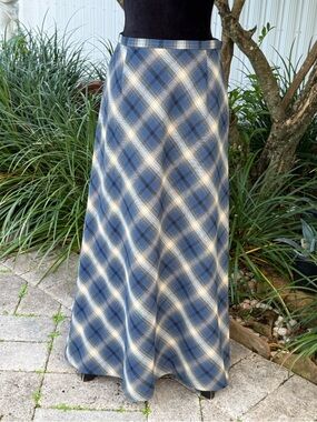 Eddie Bauer Blue and Cream Plaid Maxi Skirt